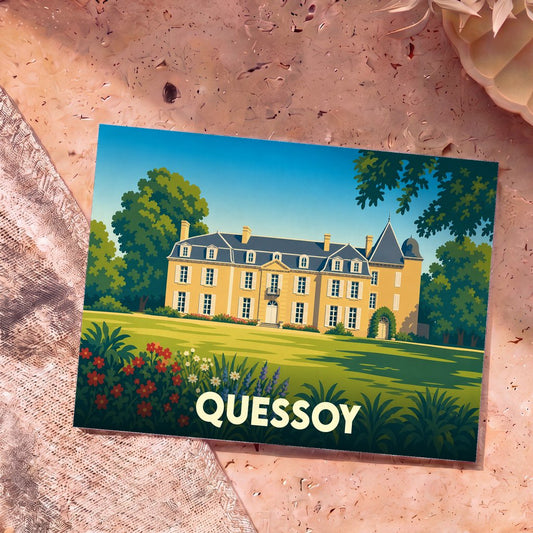 Carte postale souvenir de la ville de Quessoy avec une illustration stylisée de son château.