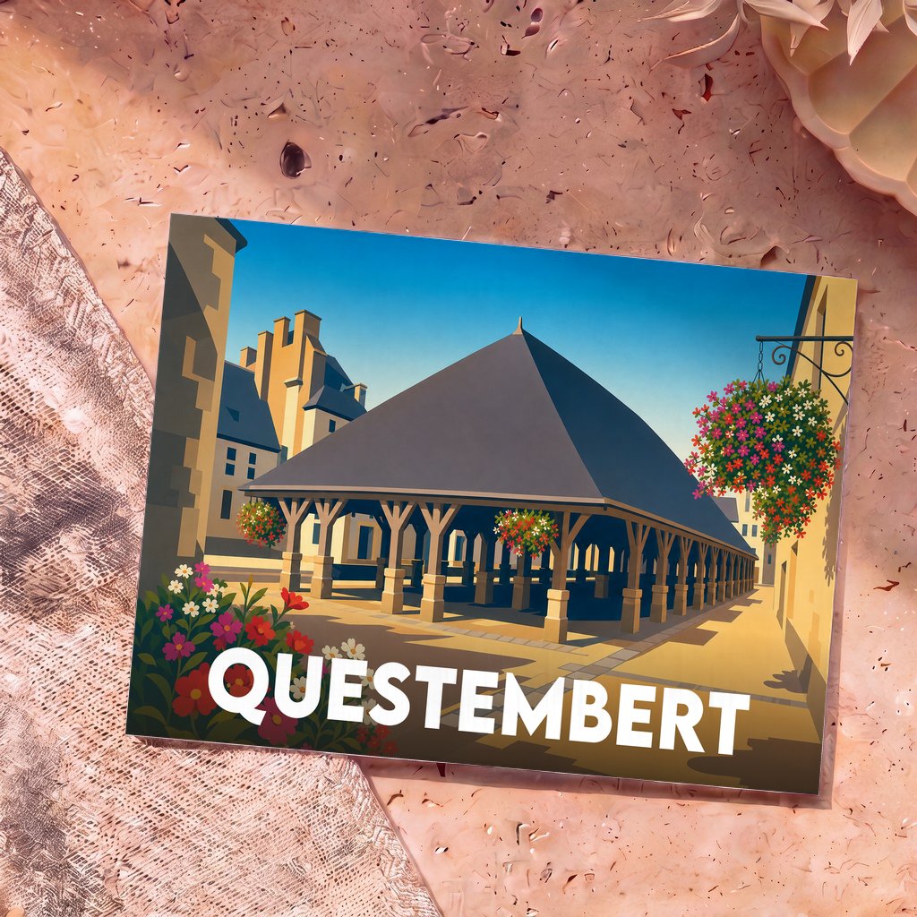 Carte postale souvenir de la ville de Questembert illustrant ses halles historiques dans un style graphique épuré.