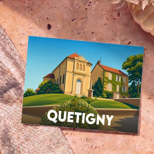 Carte postale souvenir de la ville de Quetigny avec une illustration stylisée montrant son église et une maison bourgeoise.