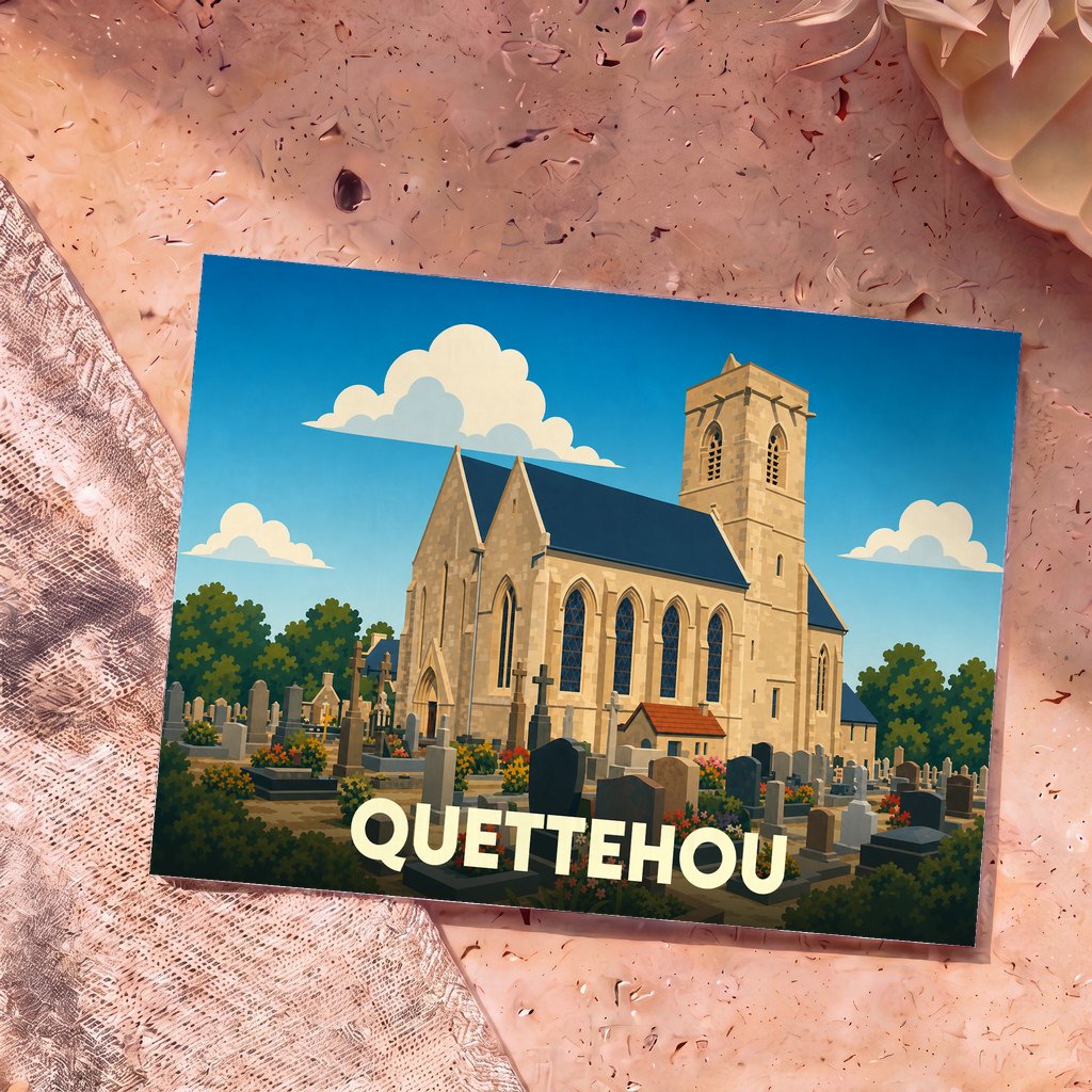 Carte postale souvenir de la ville de Quettehou avec une illustration stylisée de son église et de son cimetière.
