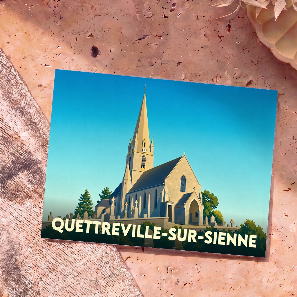 Carte postale souvenir de la ville de Quettreville-sur-Sienne avec une illustration stylisée de son église.