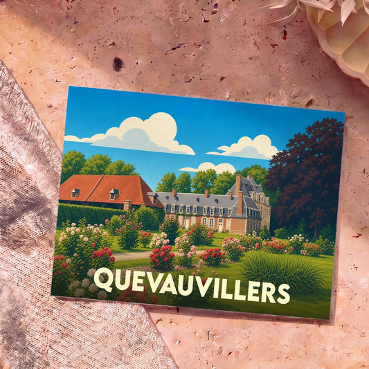 Carte postale souvenir de la ville de Quevauvillers avec une illustration stylisée de son château et de ses jardins.