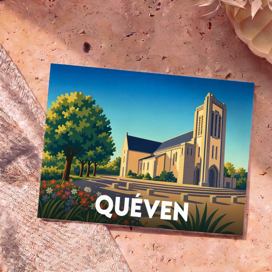 Carte postale souvenir de la ville de Quéven avec une illustration stylisée de son église et de sa place arborée.