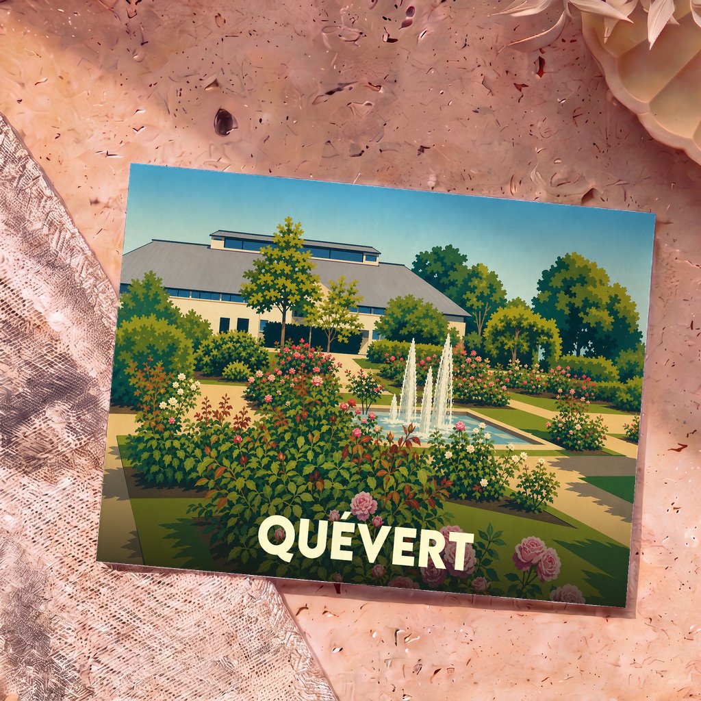 Carte postale souvenir de la ville de Quévert illustrant un jardin fleuri avec une fontaine.