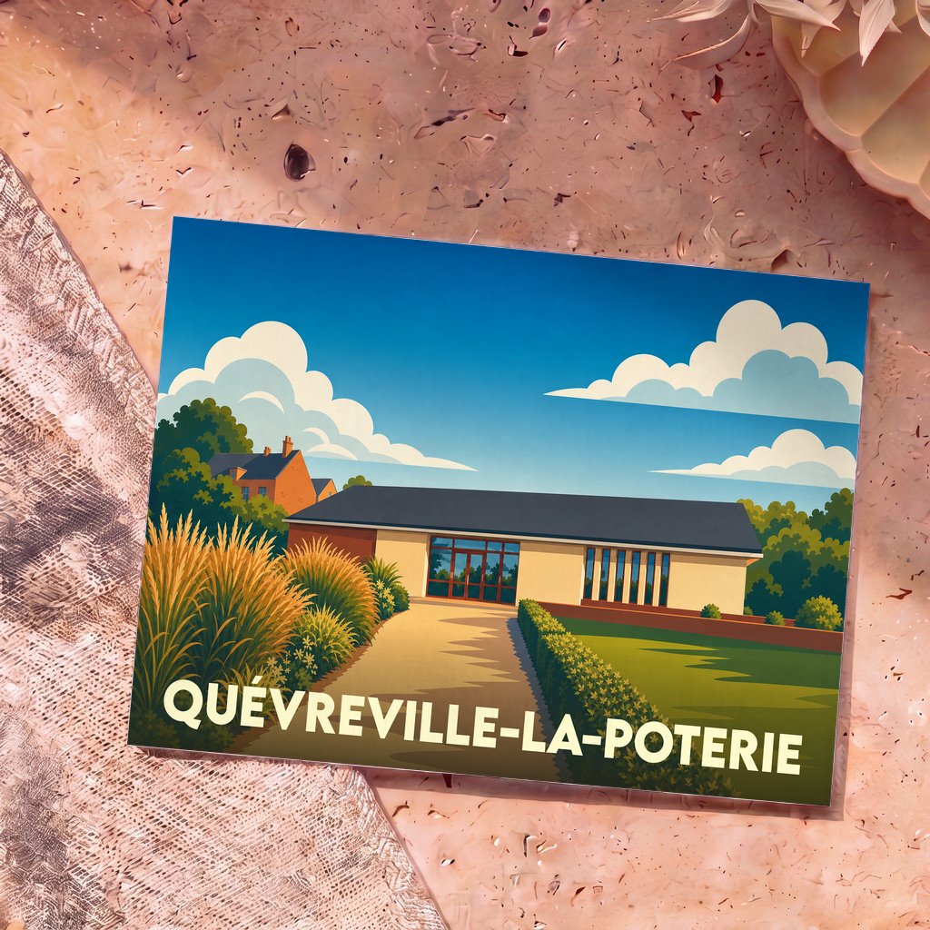 Carte postale souvenir de la ville de Quévreville-la-Poterie avec une illustration stylisée d'un bâtiment moderne sous un ciel nuageux.