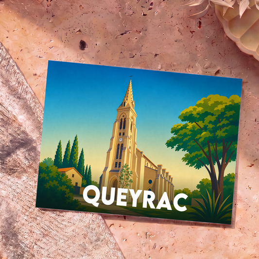 Carte postale souvenir de la ville de Queyrac avec une illustration stylisée de son église sous un ciel azur.