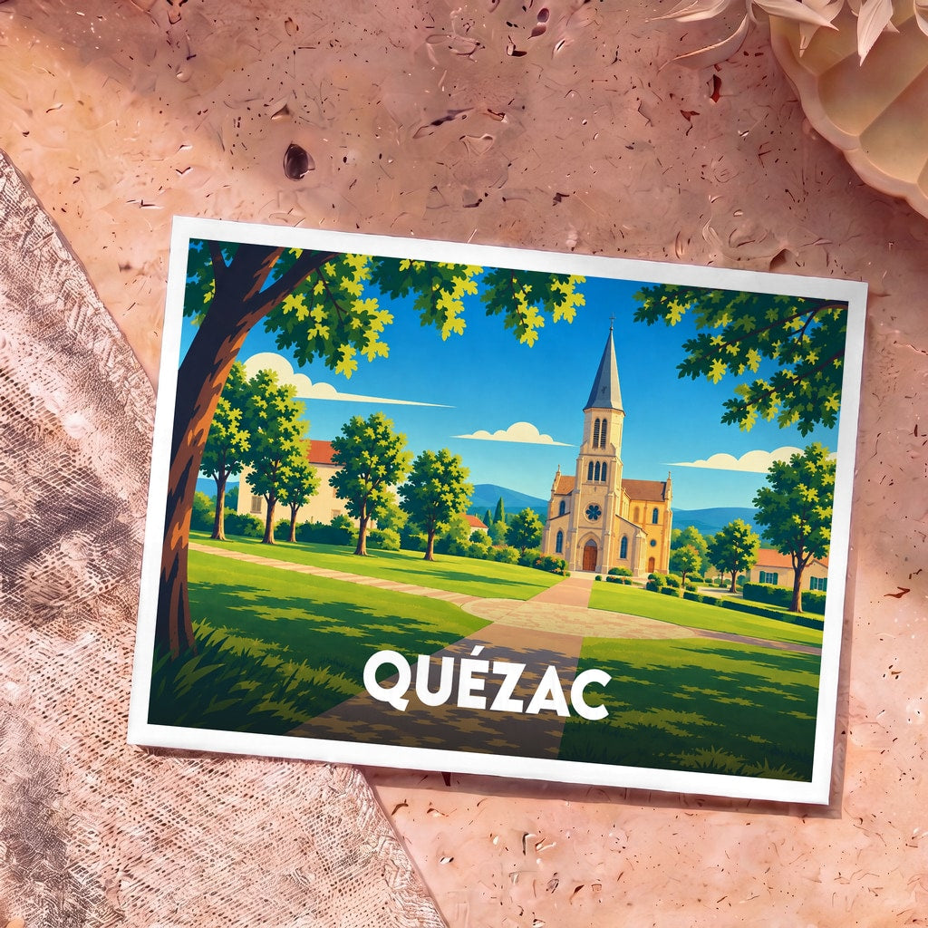Carte postale souvenir de la ville de Quézac avec une illustration stylisée d'une église sous un ciel bleu.
