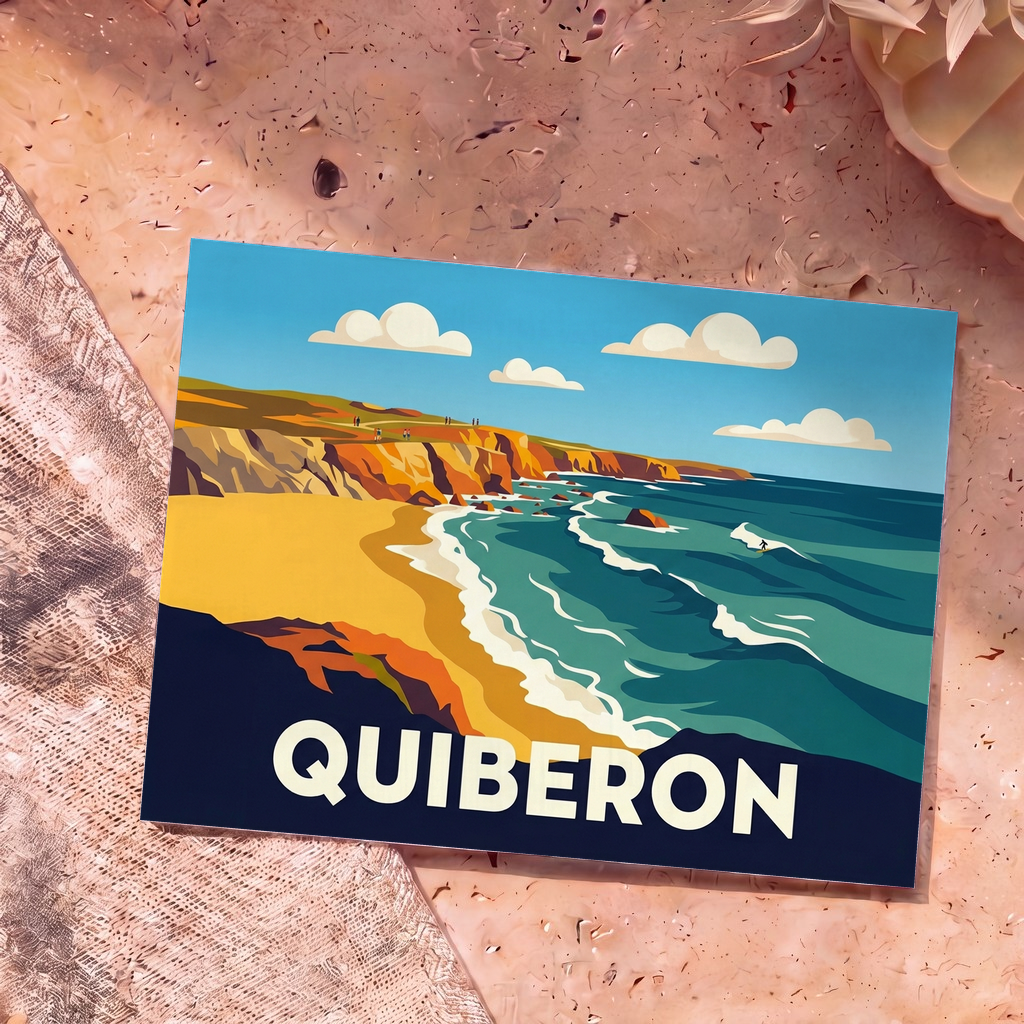 Carte postale souvenir de la ville de Quiberon illustrant sa côte sauvage dans un style graphique épuré.