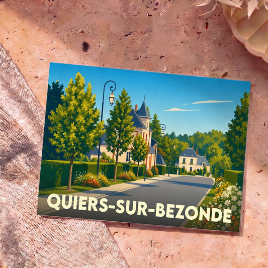 Carte postale souvenir de la ville de Quiers-sur-Bezonde avec une illustration colorée et stylisée.