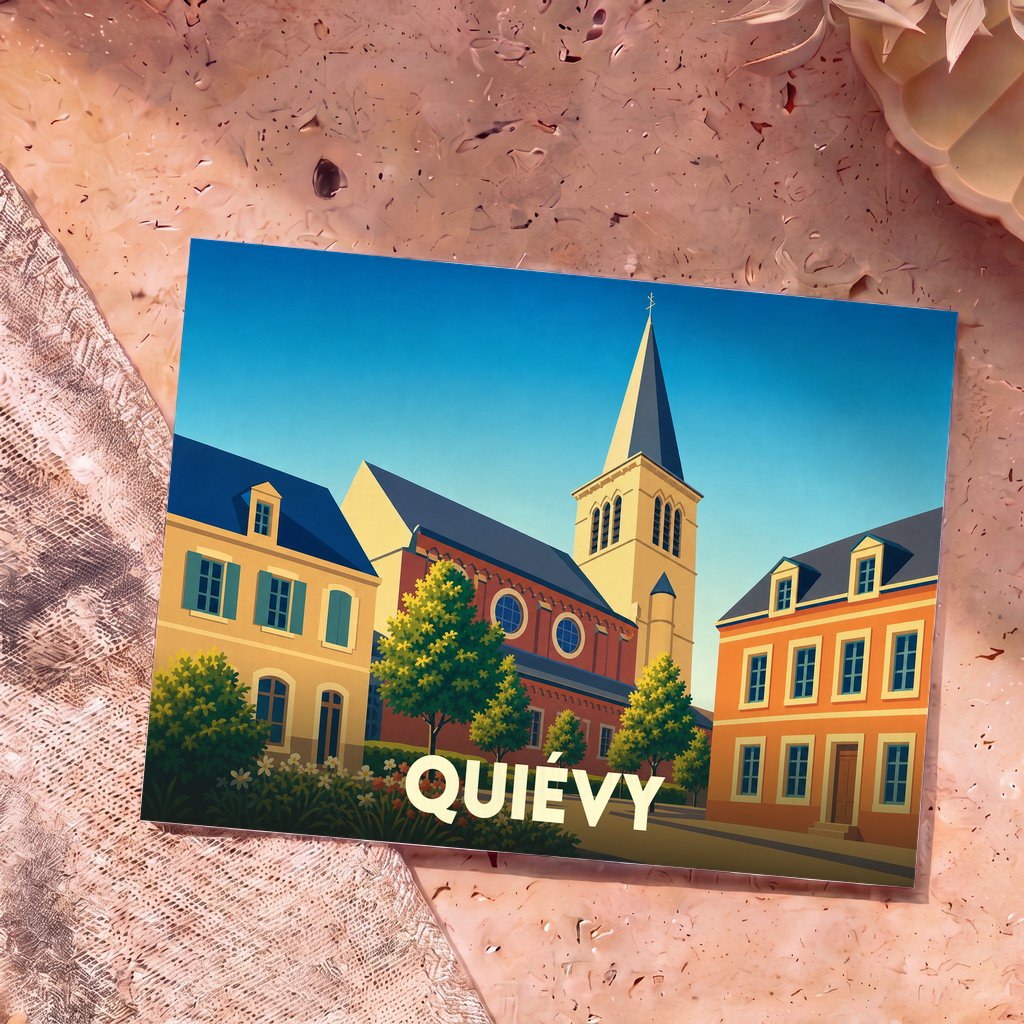 Carte postale souvenir de la ville de Quiévy présentant une illustration stylisée de son église et de ses maisons colorées.