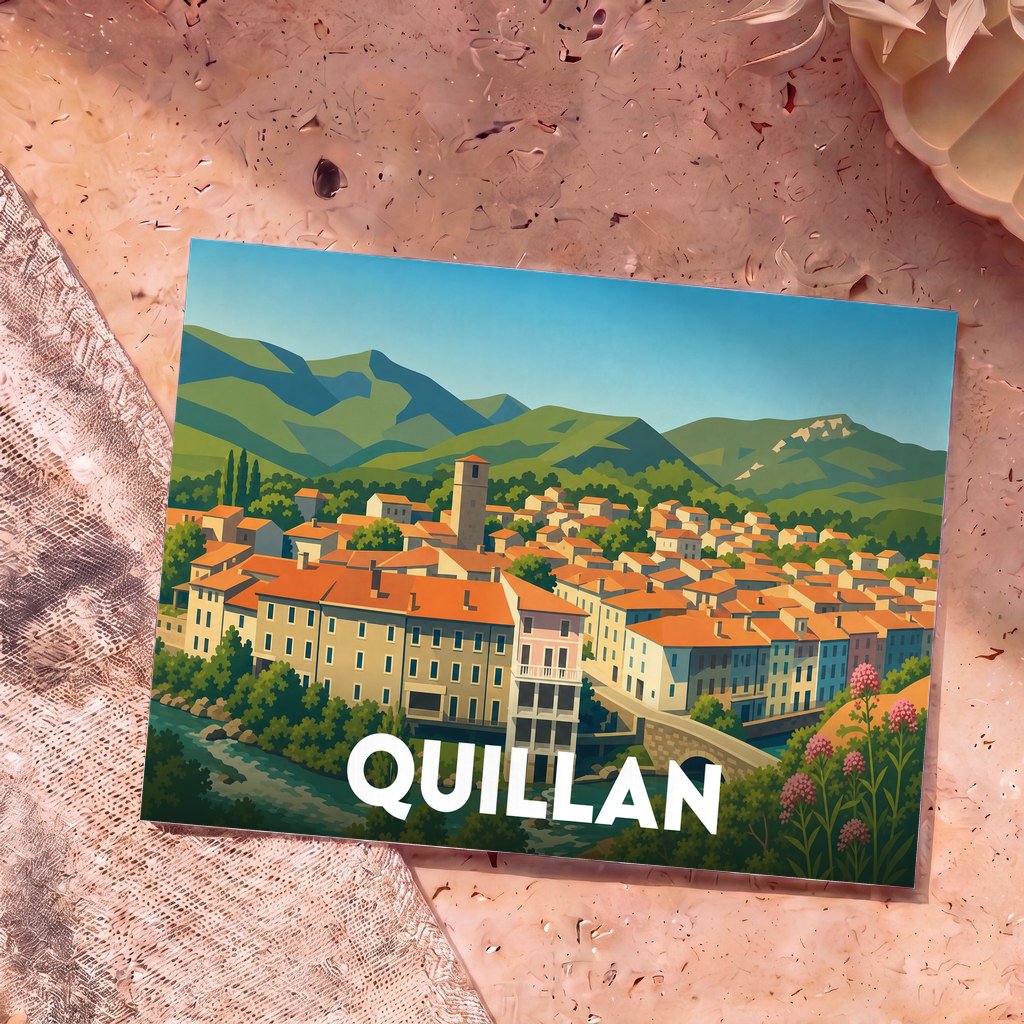 Carte postale souvenir de la ville de Quillan avec une illustration stylisée de ses maisons colorées au bord de l'eau.
