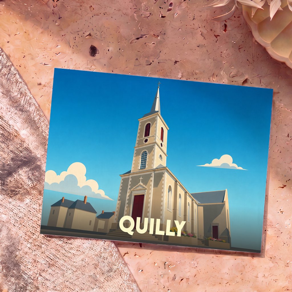 Carte postale souvenir de la ville de Quilly avec une illustration stylisée de son église.
