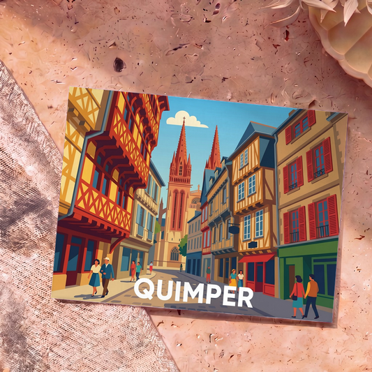 Carte postale souvenir de la ville de Quimper illustrant ses maisons à colombages et sa cathédrale dans un style coloré.