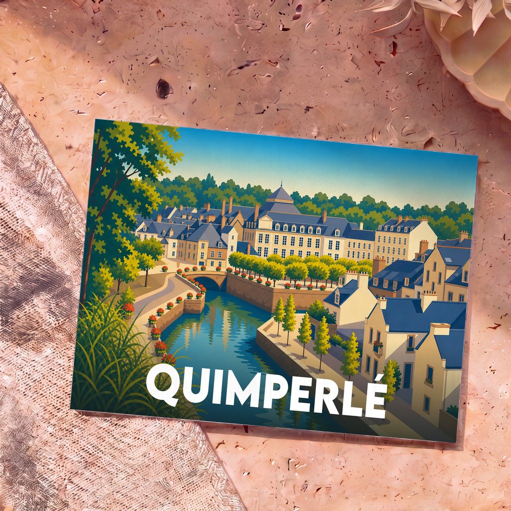 Carte postale souvenir de la ville de Quimperlé avec une illustration stylisée et colorée de ses quais.