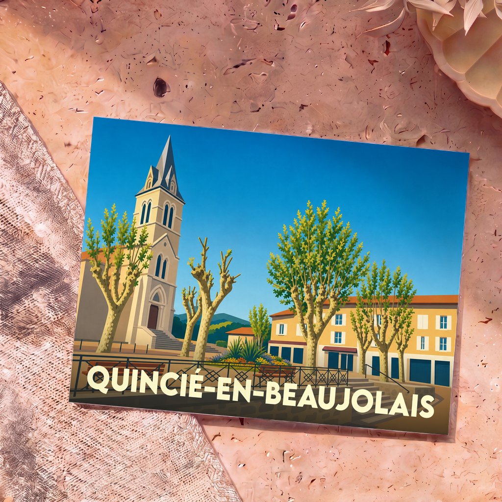 Carte postale souvenir de la ville de Quincié-en-Beaujolais avec une illustration stylisée de son église et de sa place.