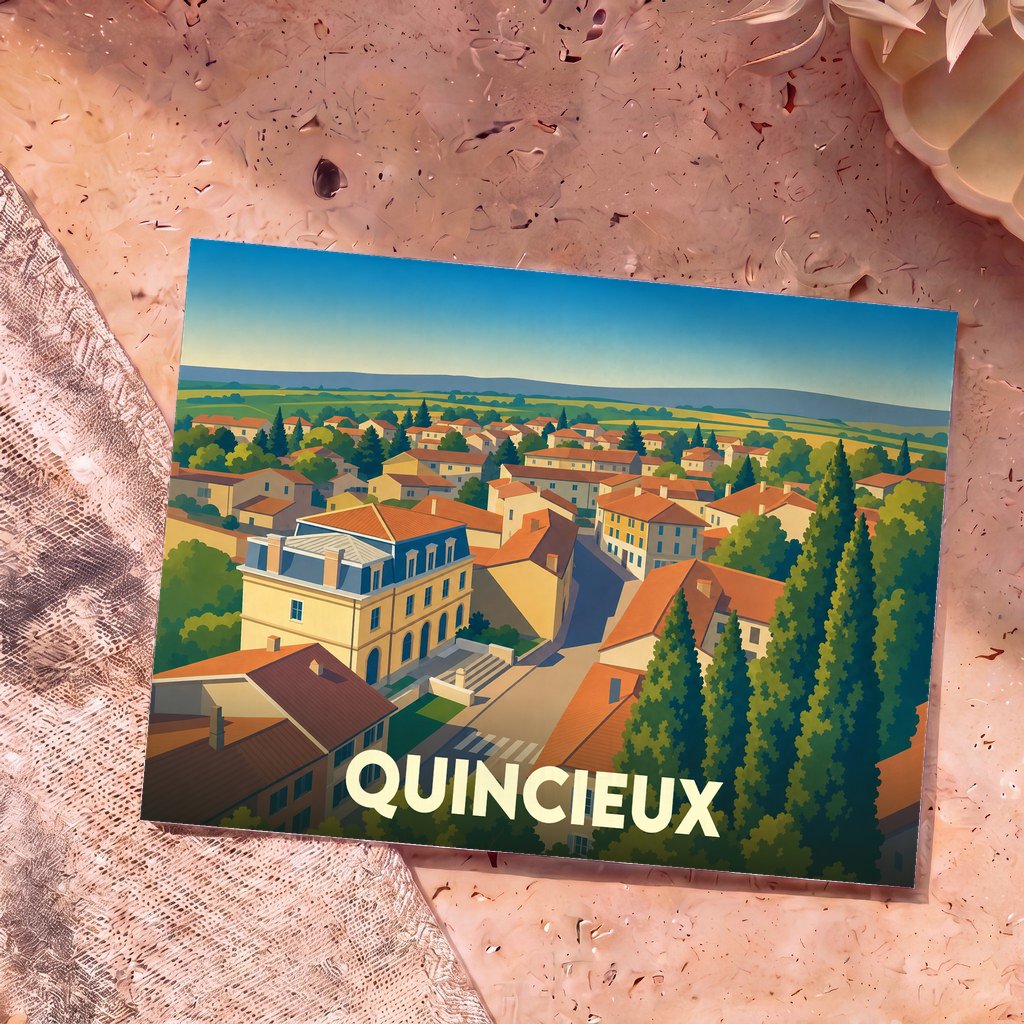 Carte postale souvenir de la ville de Quincieux avec une illustration stylisée et colorée de ses maisons.