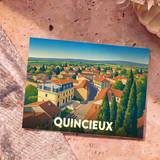 Carte postale souvenir de la ville de Quincieux avec une illustration stylisée et colorée de ses maisons.