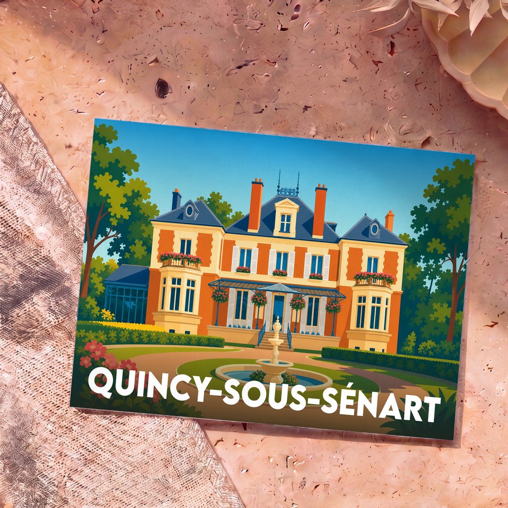 Carte postale souvenir de la ville de Quincy-sous-Sénart représentant une demeure bourgeoise et son jardin.