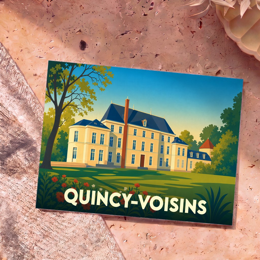 Carte postale souvenir de la ville de Quincy-Voisins avec une illustration stylisée de son château.