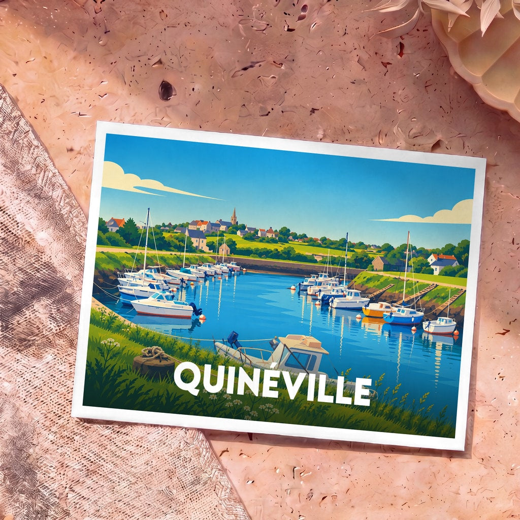 Carte postale souvenir de la ville de Quinéville avec une illustration stylisée de son port de plaisance.