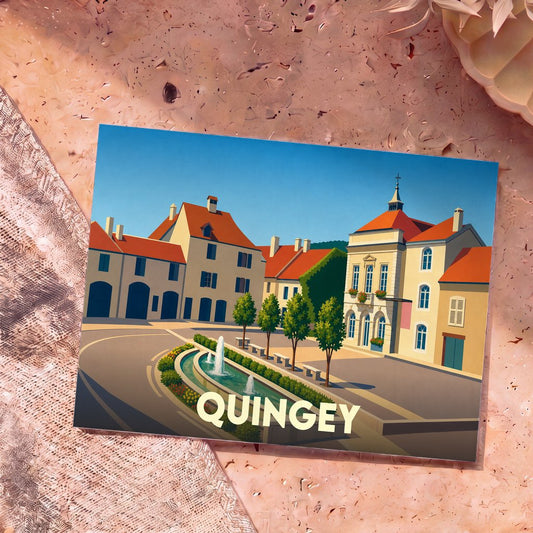Carte postale souvenir de la ville de Quingey avec une illustration stylisée de sa place principale.