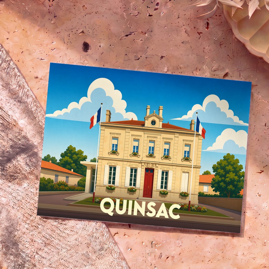 Carte postale souvenir de la ville de Quinsac illustrant sa mairie de style néoclassique sous un ciel azur.