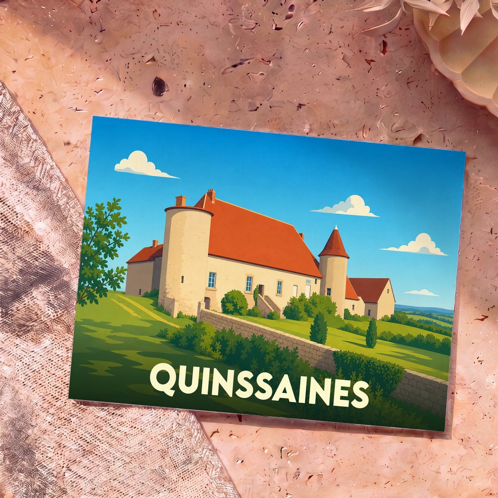 Carte postale souvenir de la ville de Quinssaines illustrée d'un château stylisé sous un ciel bleu.