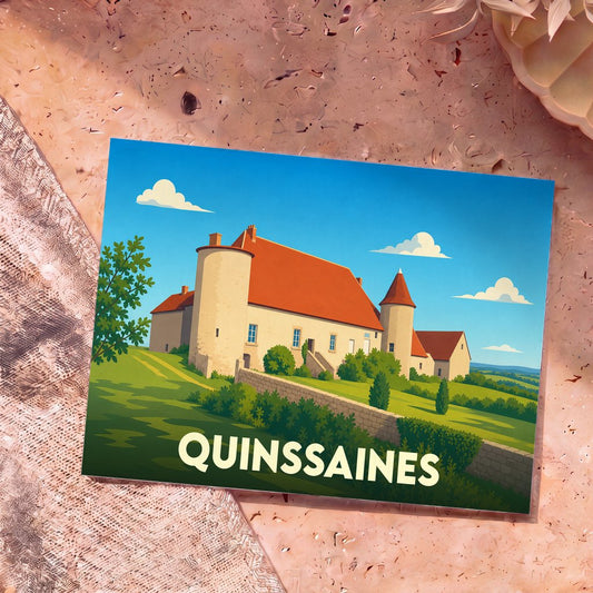 Carte postale souvenir de la ville de Quinssaines illustrée d'un château stylisé sous un ciel bleu.