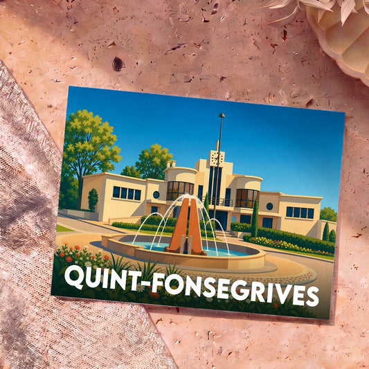 Carte postale souvenir de la ville de Quint-Fonsegrives avec une illustration stylisée de sa mairie et de sa fontaine.