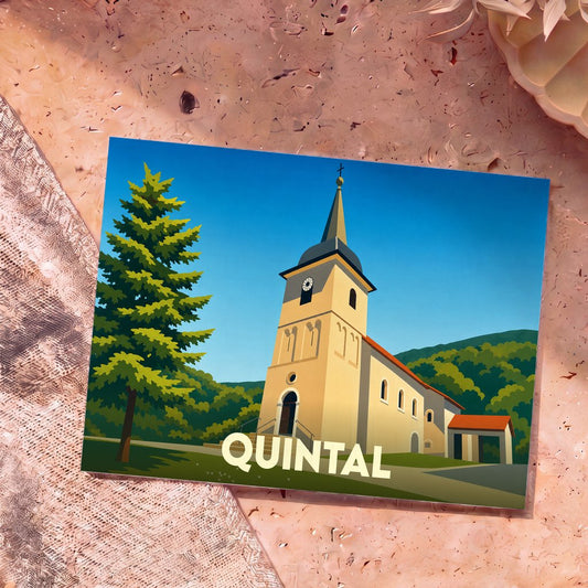 Carte postale souvenir de la ville de Quintal avec une illustration stylisée de son église.