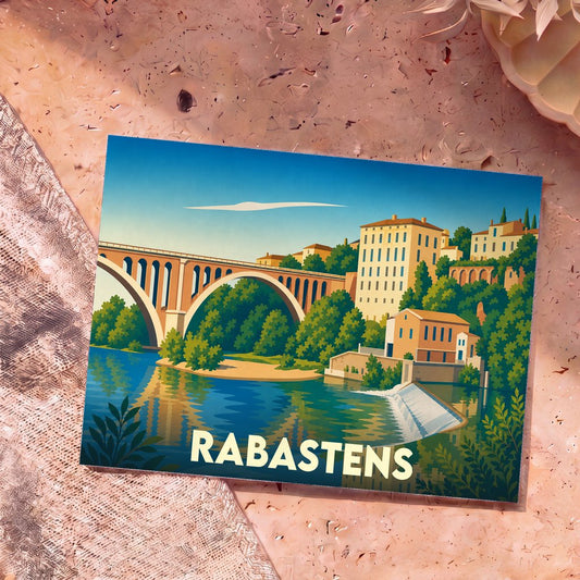 Carte postale souvenir de la ville de Rabastens avec une illustration stylisée du pont et des bords du Tarn.