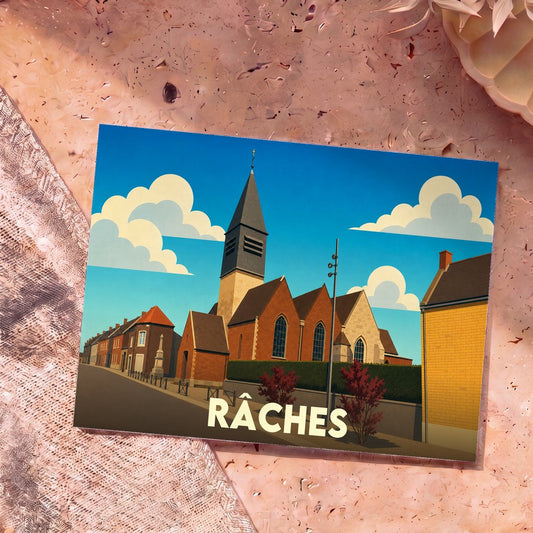 Carte postale souvenir de la ville de Râches avec une illustration stylisée de son église et de ses maisons.