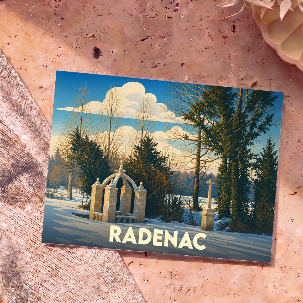 Carte postale souvenir de la ville de Radenac illustrant un monument en pierre dans un paysage hivernal stylisé.