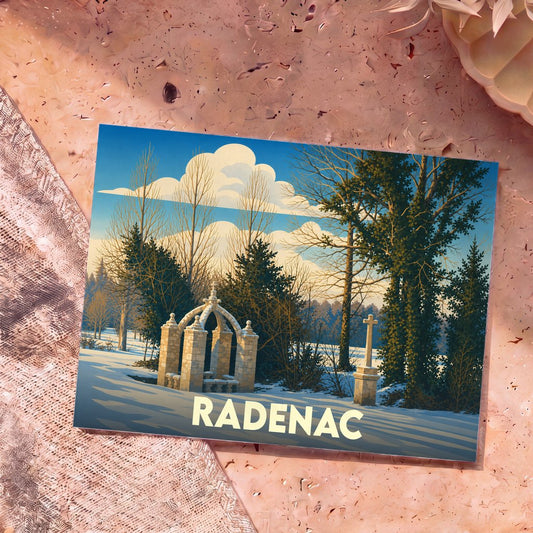 Carte postale souvenir de la ville de Radenac illustrant un monument en pierre dans un paysage hivernal stylisé.