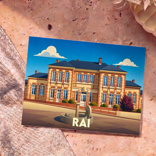 Carte postale souvenir de la ville de Rai avec une illustration stylisée de sa mairie.