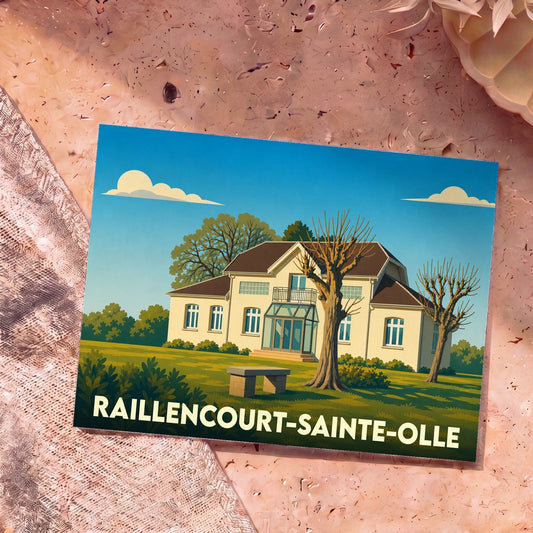 Carte postale souvenir de la ville de Raillencourt-Sainte-Olle avec une illustration stylisée d'une grande demeure.