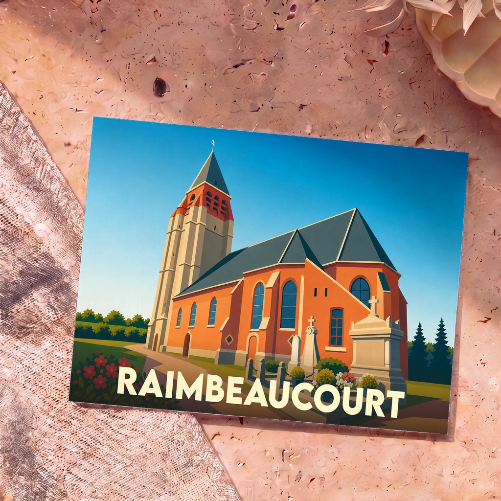 Carte postale souvenir de la ville de Raimbeaucourt avec une illustration stylisée de son église.