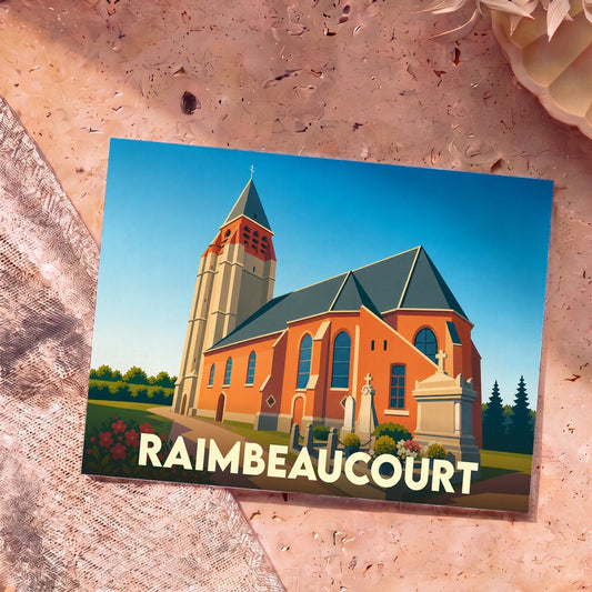 Carte postale souvenir de la ville de Raimbeaucourt avec une illustration stylisée de son église.