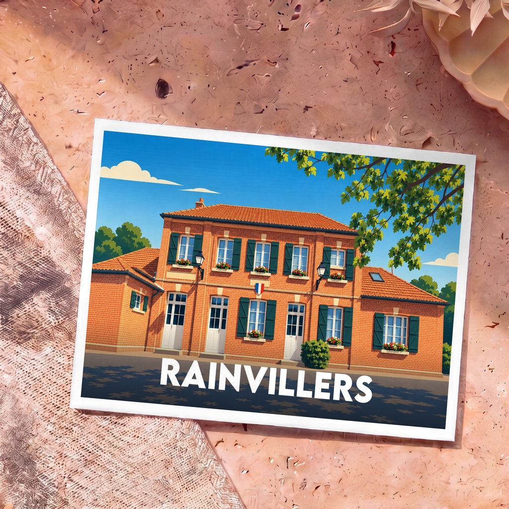 Carte postale souvenir de la ville de Rainvillers illustrant sa mairie typique en briques rouges.