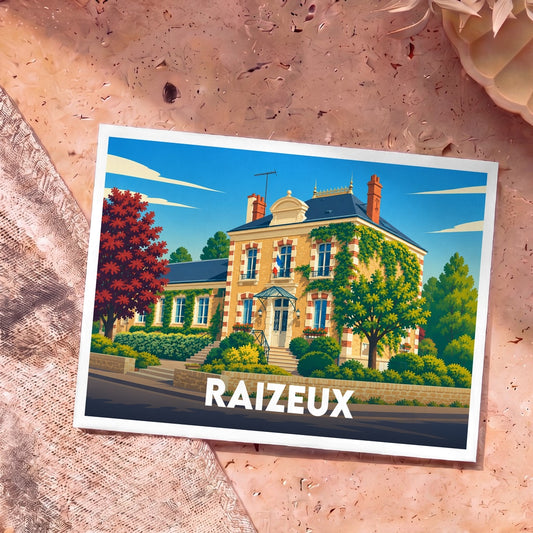 Carte postale souvenir de la ville de Raizeux avec une illustration stylisée de sa mairie.