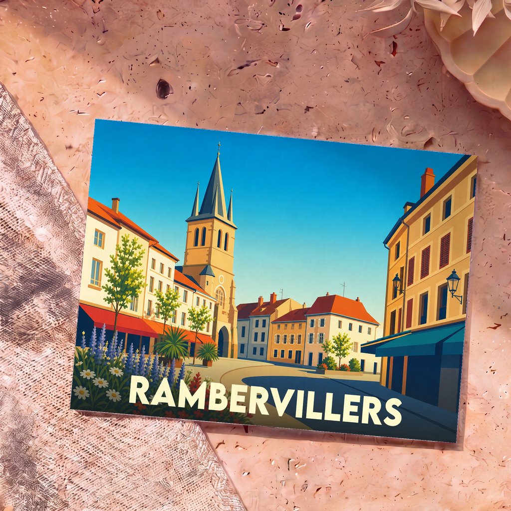 Carte postale souvenir de la ville de Rambervillers avec une illustration stylisée d'une place ensoleillée et de son église.