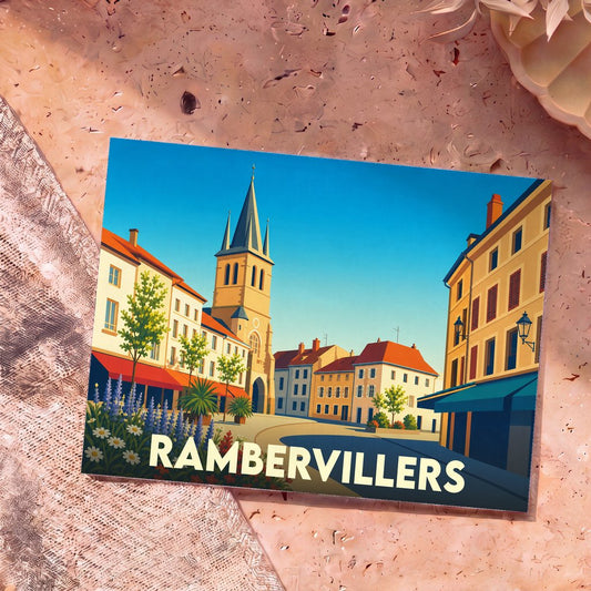 Carte postale souvenir de la ville de Rambervillers avec une illustration stylisée d'une place ensoleillée et de son église.
