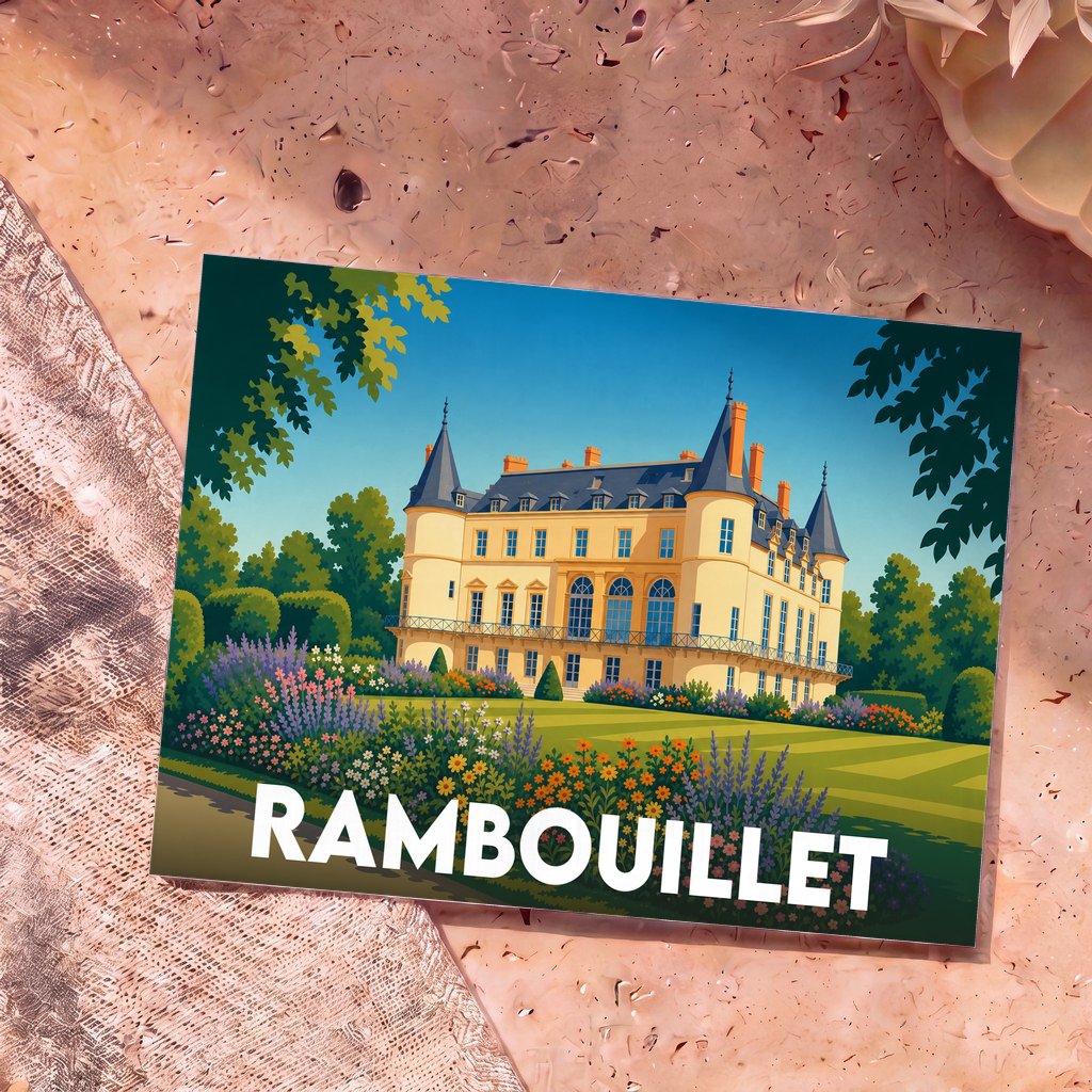 Carte postale souvenir de la ville de Rambouillet illustrant son château et ses jardins fleuris dans un style graphique épuré.