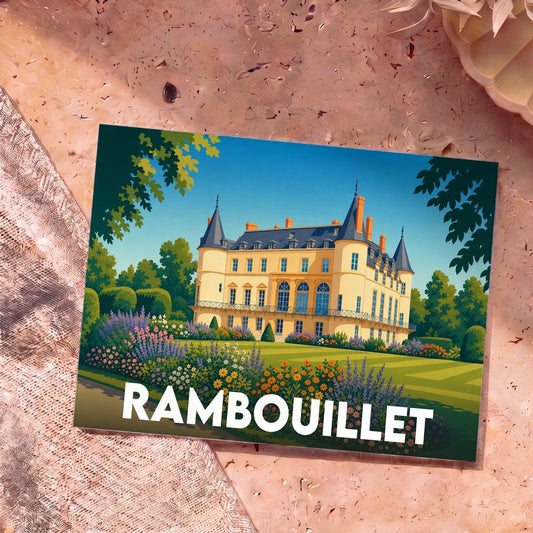 Carte postale souvenir de la ville de Rambouillet illustrant son château et ses jardins fleuris dans un style graphique épuré.