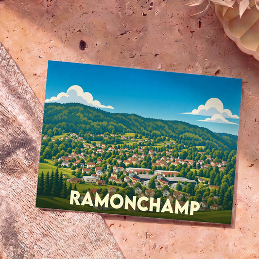 Carte postale souvenir de la ville de Ramonchamp avec une illustration stylisée de son paysage vallonné.