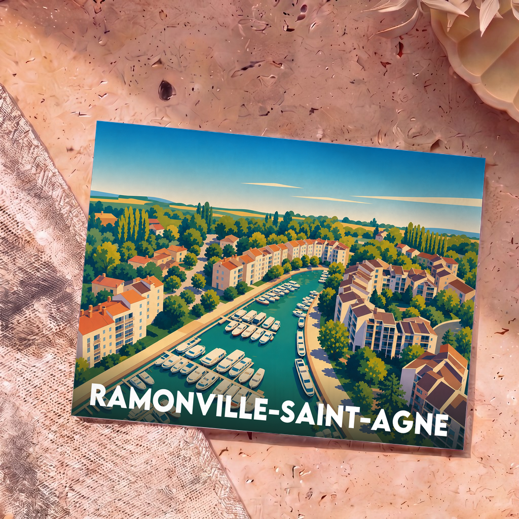 Carte postale souvenir de la ville de Ramonville-Saint-Agne avec une illustration stylisée de son port de plaisance.