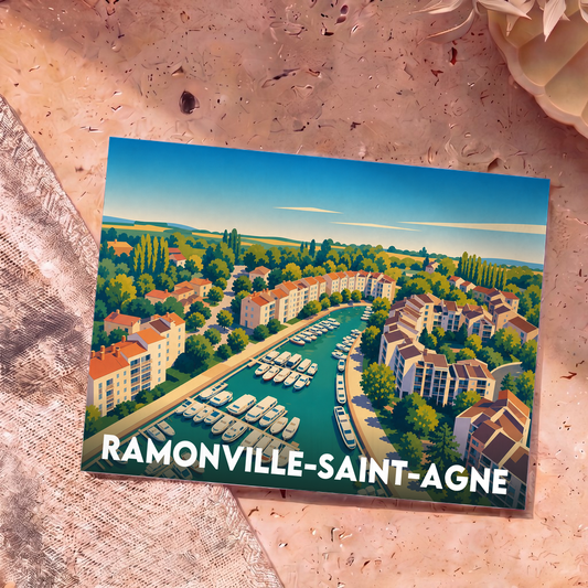 Carte postale souvenir de la ville de Ramonville-Saint-Agne avec une illustration stylisée de son port de plaisance.