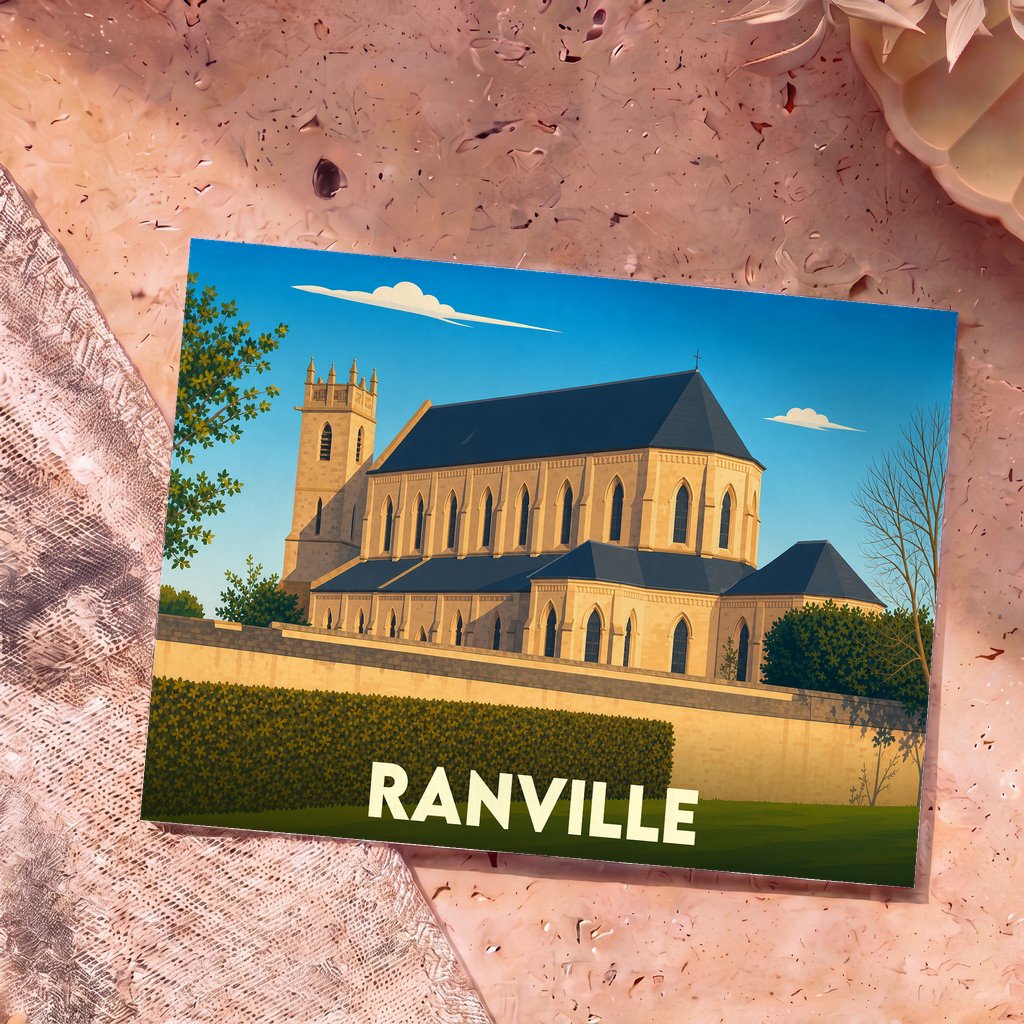Carte postale souvenir de la ville de Ranville illustrant son église dans un style graphique épuré.