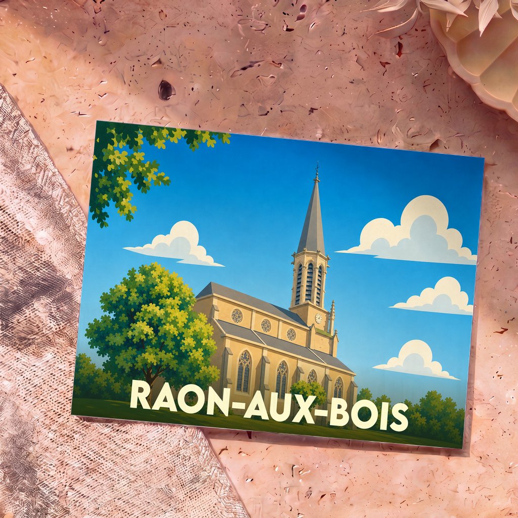 Carte postale souvenir de la ville de Raon-aux-Bois avec une illustration stylisée de son église sous un ciel bleu.