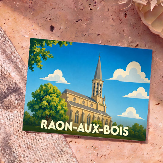 Carte postale souvenir de la ville de Raon-aux-Bois avec une illustration stylisée de son église sous un ciel bleu.